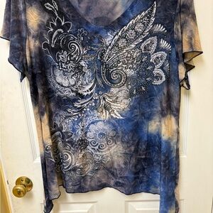 Dress Barn Blue‎ and Cream Paisley Short Sleeve Top